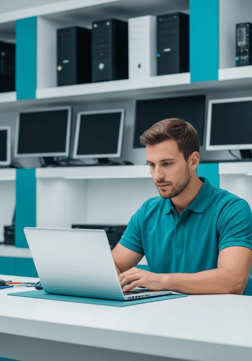 Professional IT technician repairing a laptop in a modern computer repair shop on the Central Coast