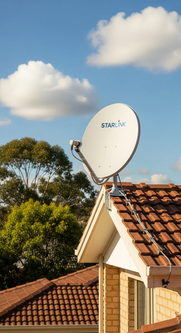 Starlink satellite internet dish professionally mounted on an Australian suburban rooftop pointing at a clear blue sky