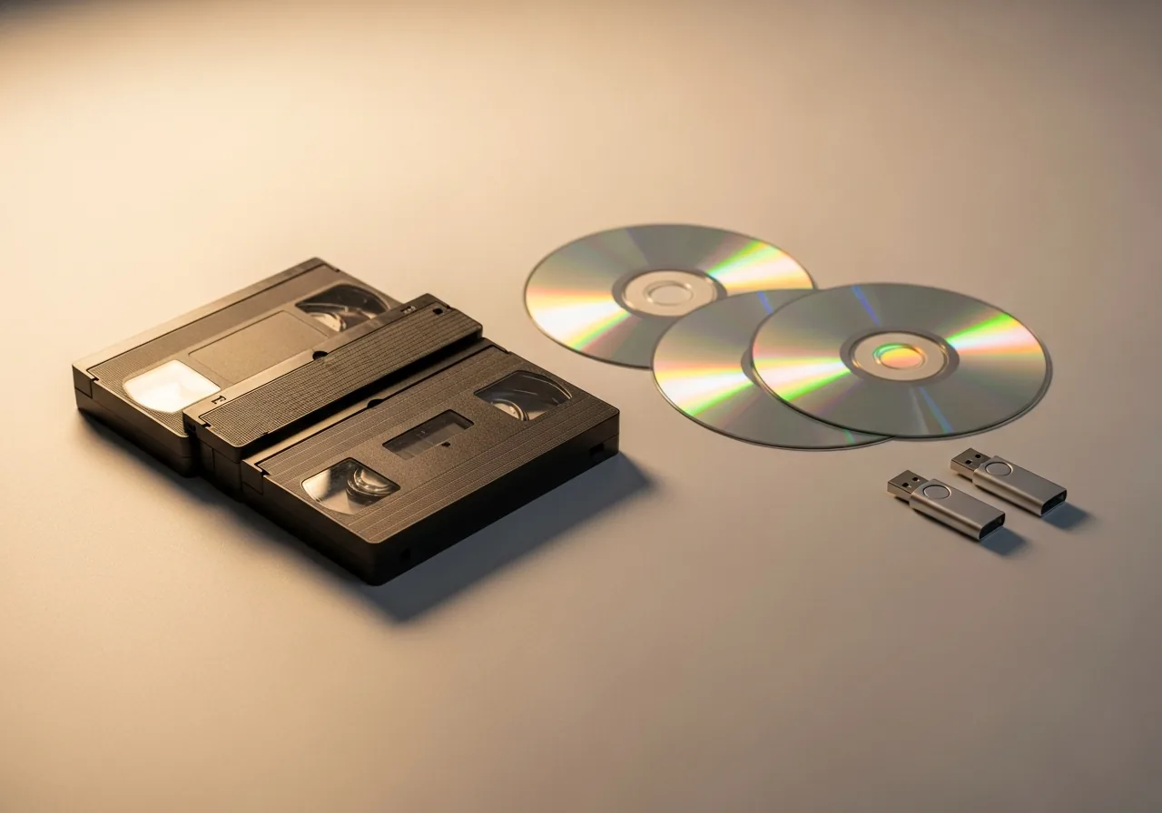 VHS cassette tapes, DVD discs, and USB flash drives arranged on a clean white surface